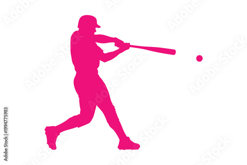 Pink silhouette of baseball player hitting ball isolated on white background