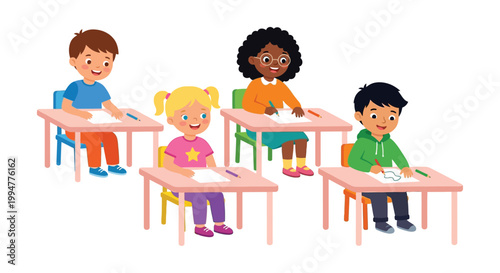 Diverse group of children happily learning and writing at school desks