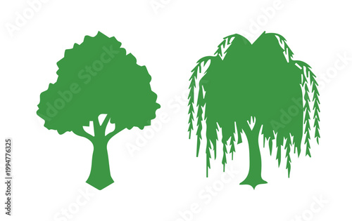 緑の樹木のシルエットのベクターイラストセット, 広葉樹と柳の木の2種類のアイコン, 自然環境やエコロジーを象徴するシンプルな植物デザイン, 公園や庭園の景観を表現するフラットなグラフィック素材