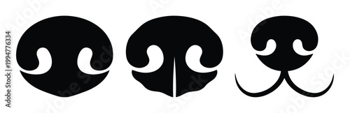 犬の鼻のシルエットのベクターイラストセット, 3種類の異なる形状の動物の鼻のアイコン, 黒いフラットデザインのペットの鼻のパーツ, キャラクター制作やロゴデザインに最適な動物の顔の構成要素