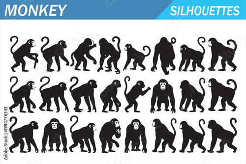 Monkey silhouette pack featuring walking standing and playful primate animal shapes