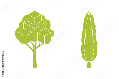 幾何学的な木のベクターイラストセット, 立方体の葉を持つモダンな樹木と細長いシルエットの植物, 黄緑色のミニマルな自然アイコン, 建築パースや環境デザインに最適な2種類の樹木素材
