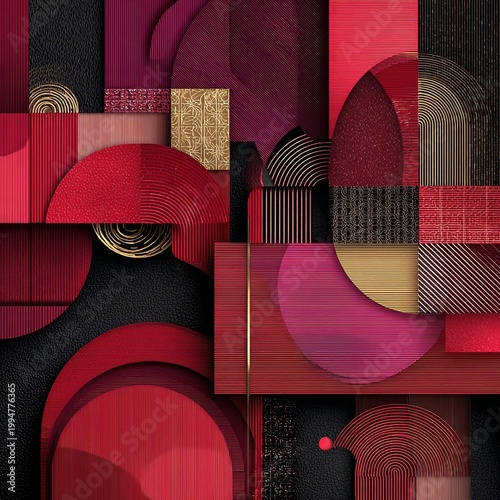 Geometric shapes layered in vibrant red, gold, and black tones, featuring textured patterns and intricate lines creating a modern abstract aesthetic.