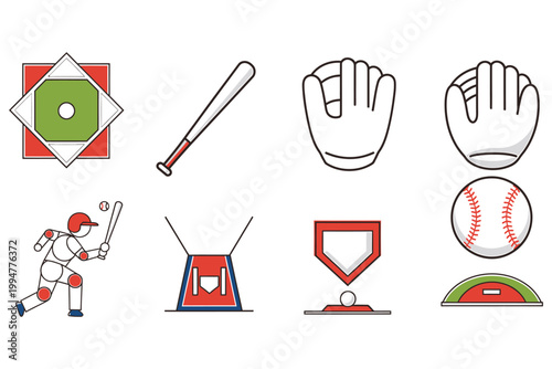 Baseball equipment icons isolated on white background