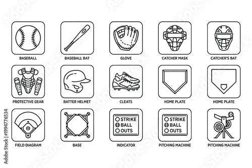 Collection of baseball equipment icons on white background