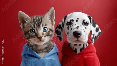 Playful Pals in Cozy Attire: A charming tabby kitten and a dalmatian puppy in matching hooded sweatshirts. The pair embodies friendship, creating an atmosphere of warmth and camaraderie.