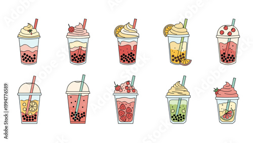 Large collection of bubble tea and smoothie drinks in clear cups with different toppings flavors and colorful straws.