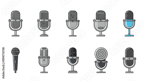 Collection of ten different vintage and modern microphone icons for recording podcasts music and vocal performances.