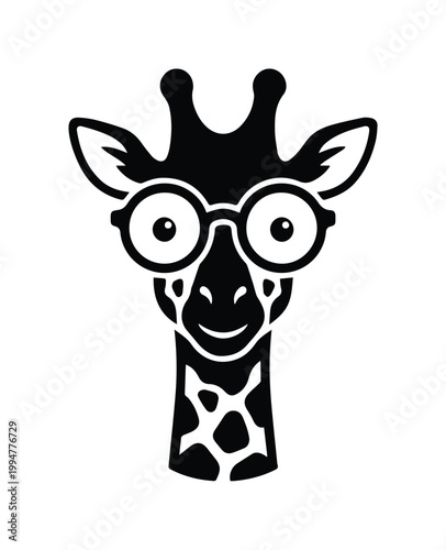 キリンのイラスト, 丸眼鏡をかけたおしゃれなキリンの顔のベクター素材, モノクロでシンプルな動物のロゴデザイン, Tシャツプリントやアイコンに最適なモダンなキリンのキャラクター
