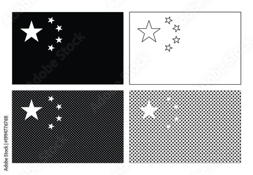 中国の国旗のベクターアイコンセット、モノクロと線画のシンプルなフラッグデザイン、4種類のバリエーションが含まれるグラフィック素材、ニュースや教育用資料に最適な五星紅旗のイラスト