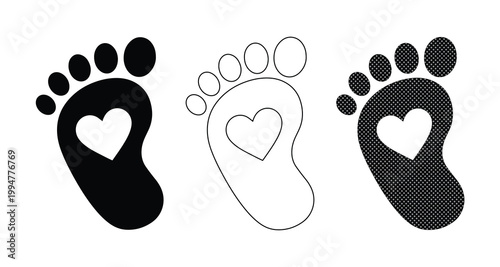 赤ちゃんの足跡のベクターイラストセット、ハートマークが入った可愛いベビーフットプリントのシルエット、出産祝いや育児記録に最適なモノクロの足形アイコン、シンプルでモダンな幼児の成長デザイン素材