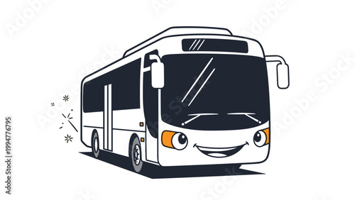 Friendly white passenger bus cartoon with a smiling face and shining headlights traveling on a road surface.