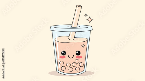 Adorable cartoon bubble tea cup character with a happy smiling face boba pearls and sparkling stars on yellow background.