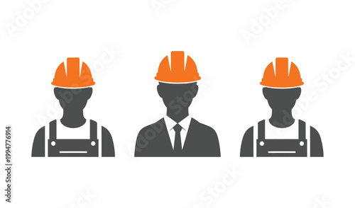 Three construction workers wearing orange safety helmets and overalls, one in a suit, symbolizing teamwork and safety in industry.