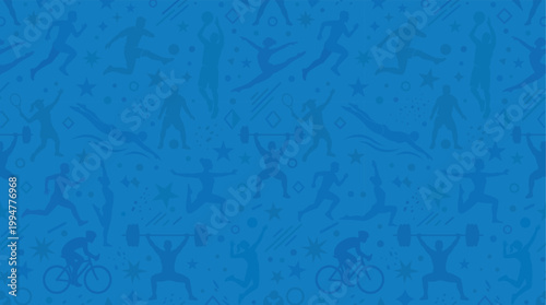Blue background with various sports silhouettes and star patterns
