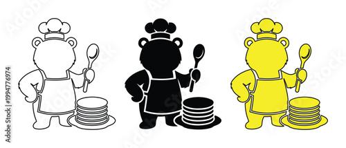 かわいいクマのコックのキャラクターイラスト、エプロンと帽子を着用してパンケーキを作る動物のシェフ、白黒の線画とシルエットとカラーの3つのバリエーションセット、飲食店のロゴやメニュー作成に最適なベクター素材