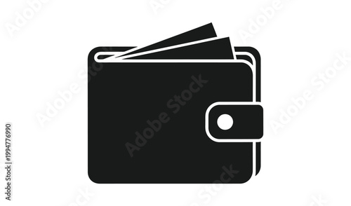 Minimalist black wallet icon with cash and cards, isolated on white background, symbolizing finance and modern lifestyle.