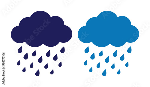 雨雲のベクターアイコンセット、濃紺と青色の雨が降る雲のイラスト、天気予報や梅雨の時期のデザインに最適なフラットな雨のシンボル、白背景に孤立した2つの雨雲のグラフィック素材