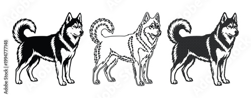 シベリアンハスキーのベクターイラストセット、犬の全身シルエットと線画の3バリエーション、ペットショップや動物病院のロゴデザインに最適なモノクロの犬の素材