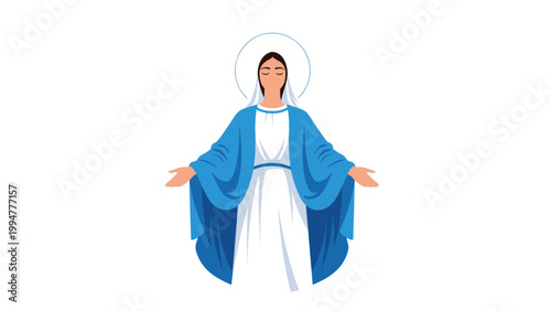 Traditional religious illustration of the Virgin Mary wearing a blue robe and white dress with a halo around her head.