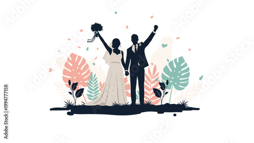 Dark silhouette of a bride and groom celebrating their wedding outdoors with tropical palm leaves and falling confetti.