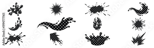 ハーフトーンパターンの水しぶきとスプラッシュのベクターイラストセット, 黒いインクのドット模様が施された液体のアクション素材, 漫画やポップアートスタイルの11種類のスプラッターデザイン, グラフィックデザインや広告に最適な装飾エレメント