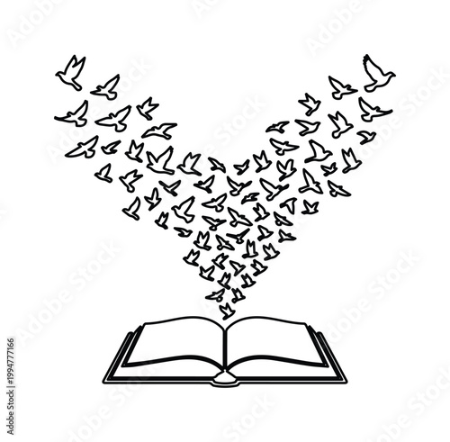 ミニマルな線画で描かれた開いた本から飛び立つ鳥の群れ, 知識と自由を象徴する読書のコンセプトアート, 白背景に黒のラインで構成された教育と想像力のベクターイラスト, 物語が広がるイメージのグラフィック素材