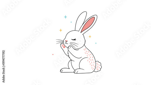 Sweet illustration of a fluffy white rabbit sitting peacefully surrounded by colorful magical sparkles and a pink tail.