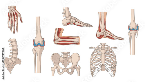 Educational medical illustration showing various parts of the human skeletal and muscular systems including the ribcage.