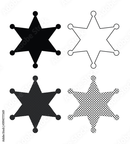 保安官の星のバッジのベクターイラストセット, 西部劇スタイルの6角星のアイコン4種類, シンプルな黒のシルエットと線画の保安官バッジ, 警察や法執行機関を象徴する星型エンブレムのグラフィック素材