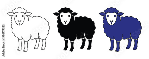 羊のイラストセット、3種類の異なるカラーバリエーションの羊のベクター素材。シンプルな線画と黒と青のシルエットの羊、家畜や動物のアイコンデザイン。年賀状や牧場のロゴに最適なかわいい羊のキャラクター素材。