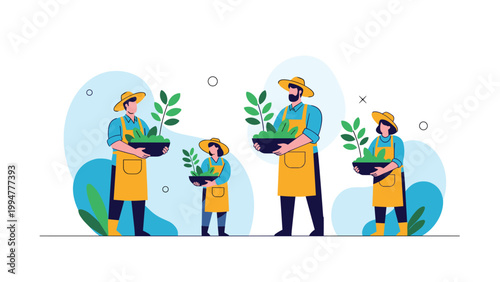 Happy family of four including parents and children wearing aprons and hats while carrying plants in pots for gardening.