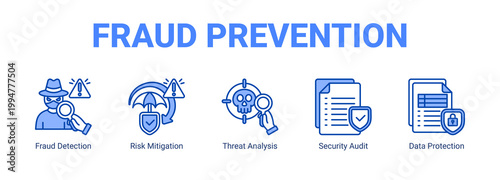 Fraud Prevention web banner icon concept, with Fraud Detection, Risk Mitigation, Threat Analysis, Security Audit.