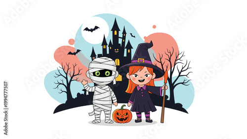 Cute children dressed as a mummy and a witch for Halloween standing in front of a spooky castle with bats and pumpkins.