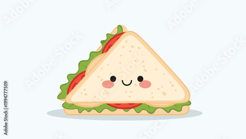 Adorable kawaii sandwich character with a smiling face, pink cheeks, and colorful layers of fresh lettuce and tomato.