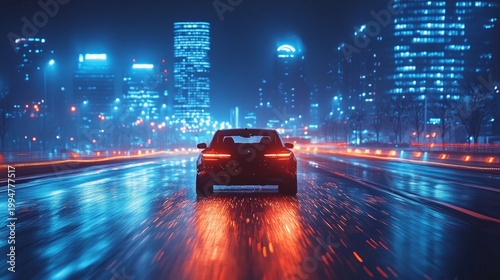 A car speeds along a night-time motorway against the neon lights of the city – a dynamic backdrop for adverts for cars, technology or urban stories.