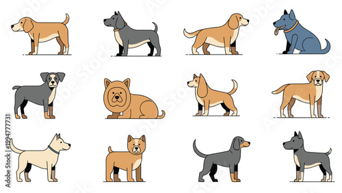 Comprehensive collection of various dog breed icons shown in profile views using a clean flat vector illustration style on a white background.