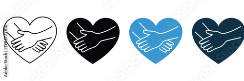 Hugging heart icon set, heart embrace line icons, love and care concept, compassion and support symbols, clean vector illustration isolated on white background for mobile apps, web design, and emotion