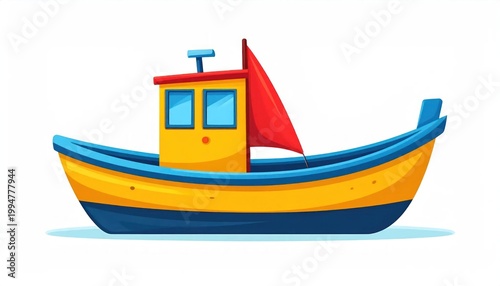 Cartoon Fishing Boat with Red Sail and Yellow Hull.