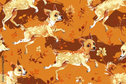 Chihuahua seamless pattern running dogs vintage floral orange background cute pet repeat textile design