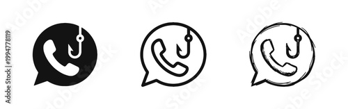 Phishing Call and Voice Scam Icon Set with Telephone and Hook in Speech Bubble