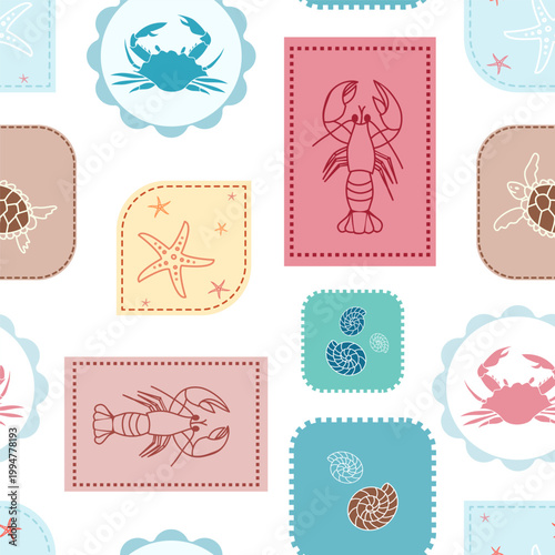 Seamless vector marine pattern with crab, lobster, turtle and starfish in decorative frames. Summer nautical repeat design for textile and packaging.