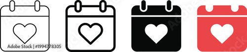 Valentine calendar icon with heart in outline, solid and color styles. Romantic vector graphic for Valentine’s Day, love date, anniversary, wedding and relationship reminders.