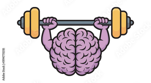 Cartoon purple brain lifting yellow barbell with two arms, creative intelligence workout concept, playful mascot design