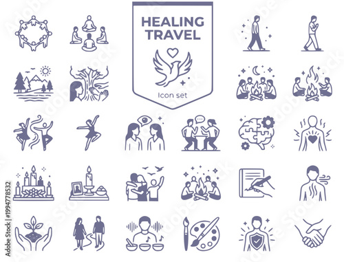 Grief Retreat & Healing Travel Icon Set: Therapeutic Wellness & Support Vector