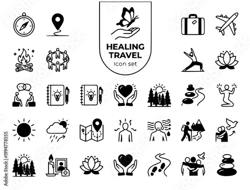 Grief Retreat & Healing Travel Icon Set: Therapeutic Wellness & Support Vector