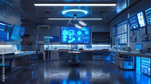 A futuristic operating theatre with blue lighting and monitors – a high-tech backdrop for articles on the future of medicine, AI in surgery or innovative clinics.