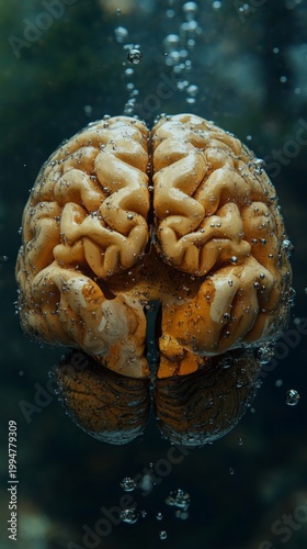 A brain underwater, surrounded by bubbles and reflections – a worrying sign of mental health issues, emotional burnout, a crisis of thought, or a need for psychological support.