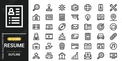 Resume and CV line icons collection, job application vector symbols, career profile outline set, hiring process elements, recruitment and HR icons, editable stroke pack