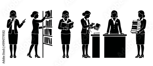 Librarian Silhouettes Set Collection, Professional Woman Working in Library with Books, Scanning Barcodes, Assisting Visitors and Organizing Shelves, Vector Flat Illustration for Information and Educa